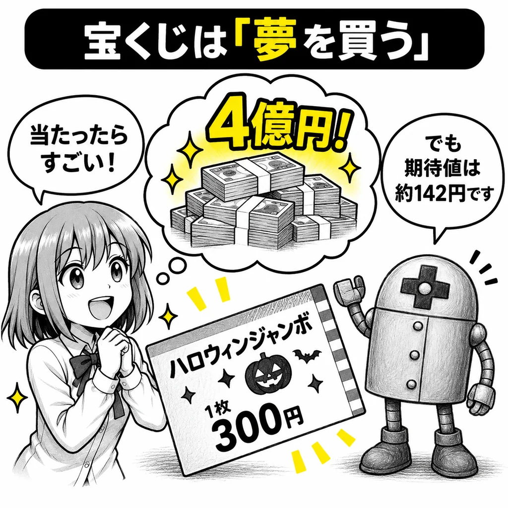 ハロウィンジャンボ発売 300円の期待値は約142円、それでも人が宝くじを買う理由